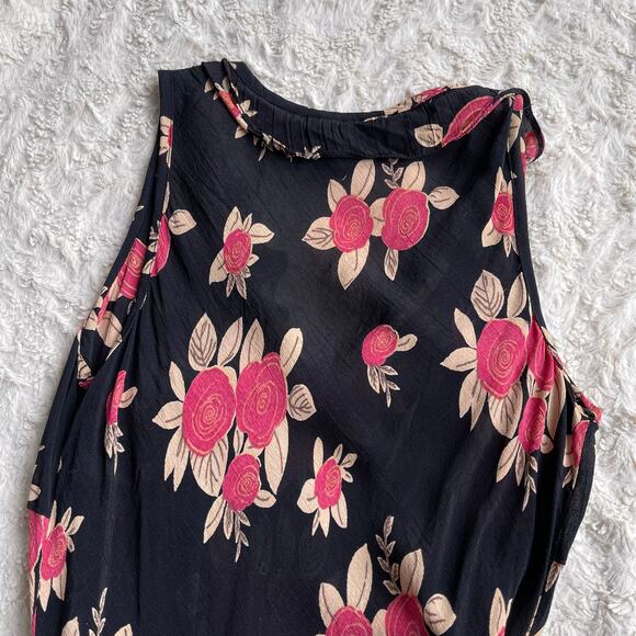 Vintage Y2K abstract rose floral print bias cut ruffle dress black pink Angie S - Picture 10 of 16